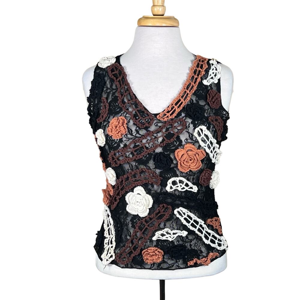 YY Boutique Brand V-Neck Lace Top with Crochet Appliqués Tagged L Fits M-L